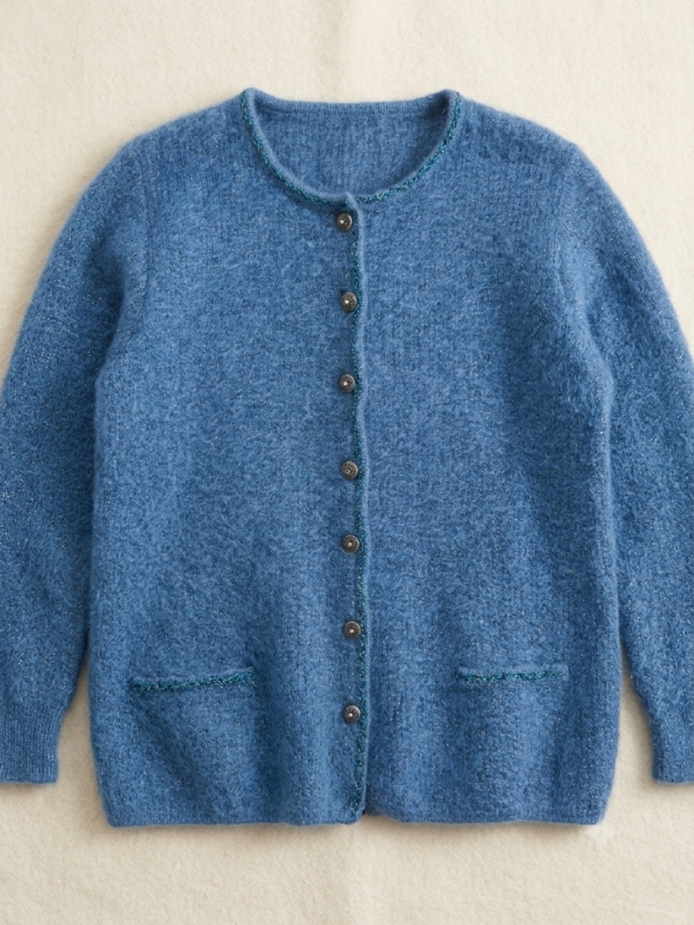 Made in Italy Superkid Mohair Knit Cardigan Sweater Blue Metallic Size M, S